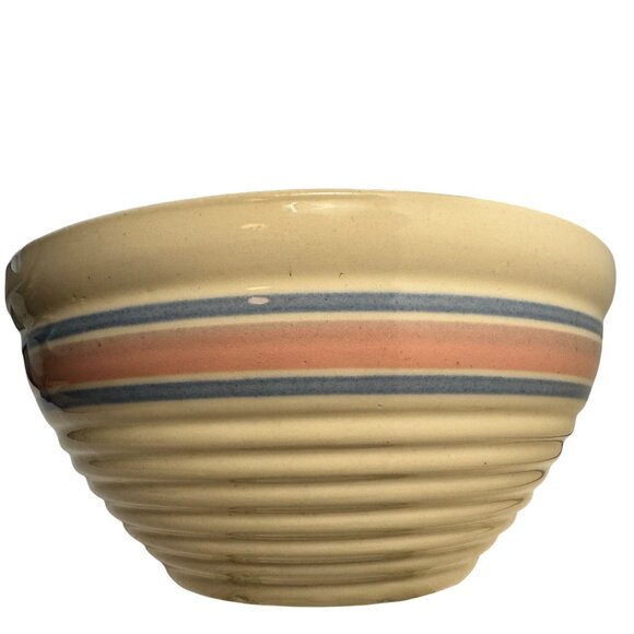 McCoy Ovenware Mixing Bowl Pink Blue Bands Striped Beehive Pottery USA 8" Vtg - Picture 12 of 16
